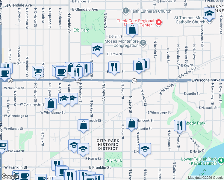 map of restaurants, bars, coffee shops, grocery stores, and more near 501 East Wisconsin Avenue in Appleton