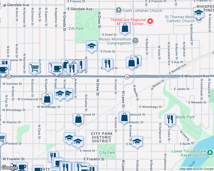 map of restaurants, bars, coffee shops, grocery stores, and more near 501 East Wisconsin Avenue in Appleton