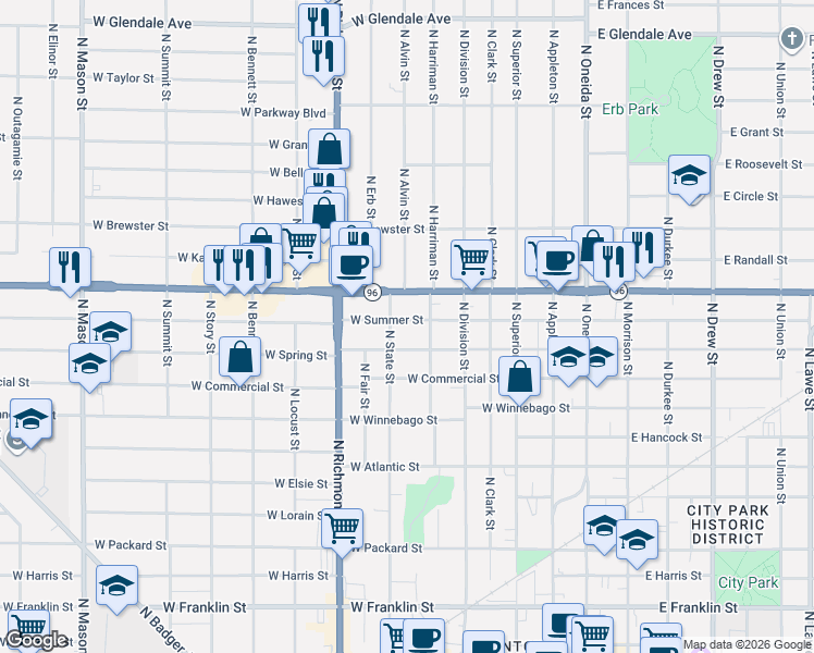 map of restaurants, bars, coffee shops, grocery stores, and more near 520 West Summer Street in Appleton