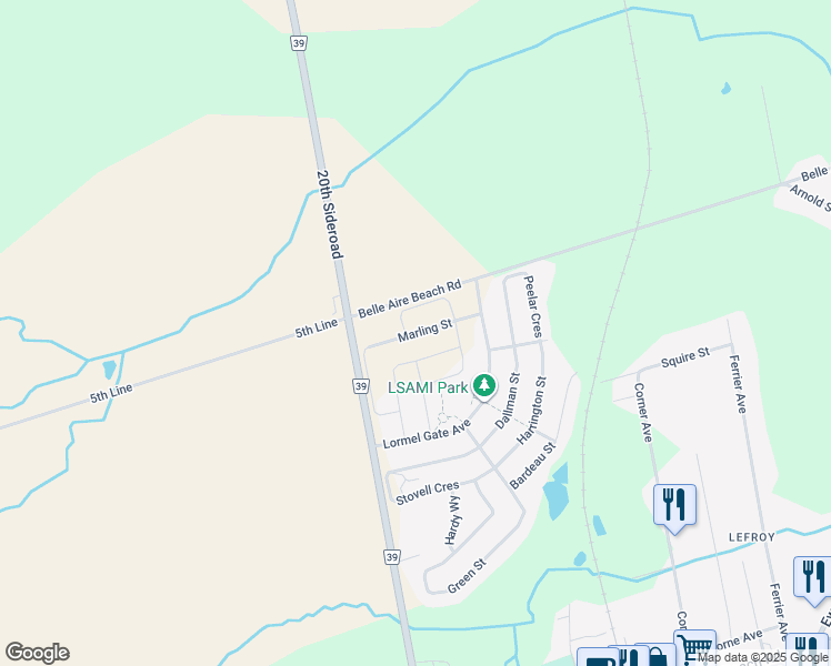 map of restaurants, bars, coffee shops, grocery stores, and more near Marling Street in Innisfil