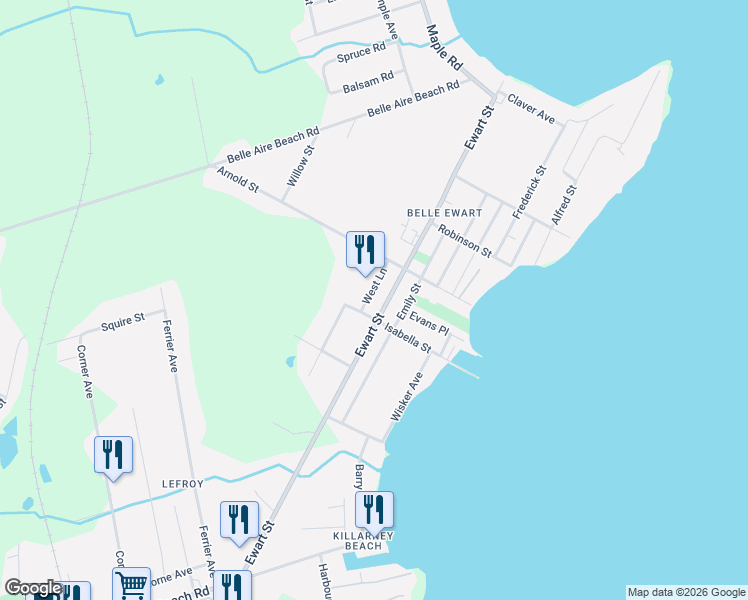map of restaurants, bars, coffee shops, grocery stores, and more near 992 Ewart Street in Innisfil