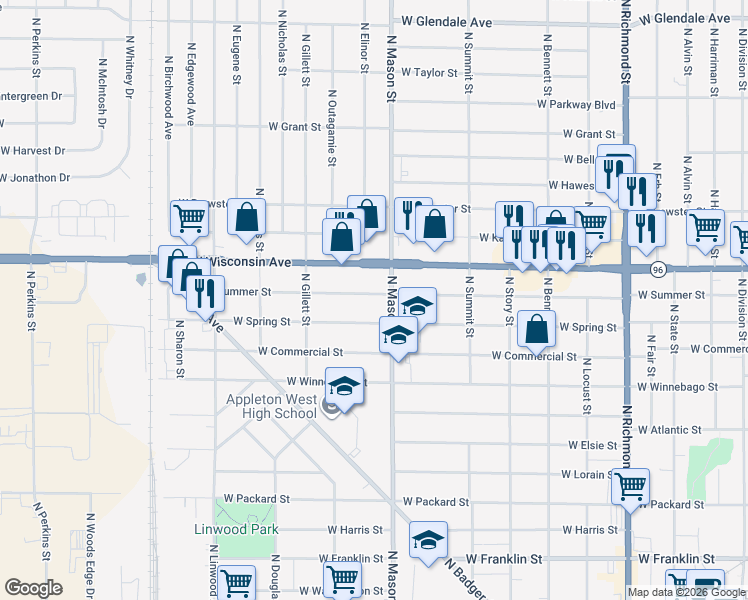 map of restaurants, bars, coffee shops, grocery stores, and more near 1207 North Mason Street in Appleton