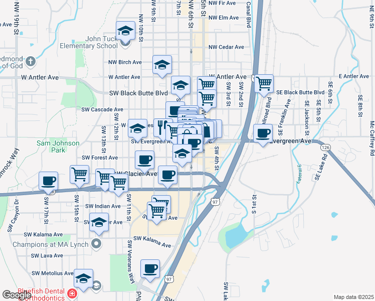 map of restaurants, bars, coffee shops, grocery stores, and more near in Redmond
