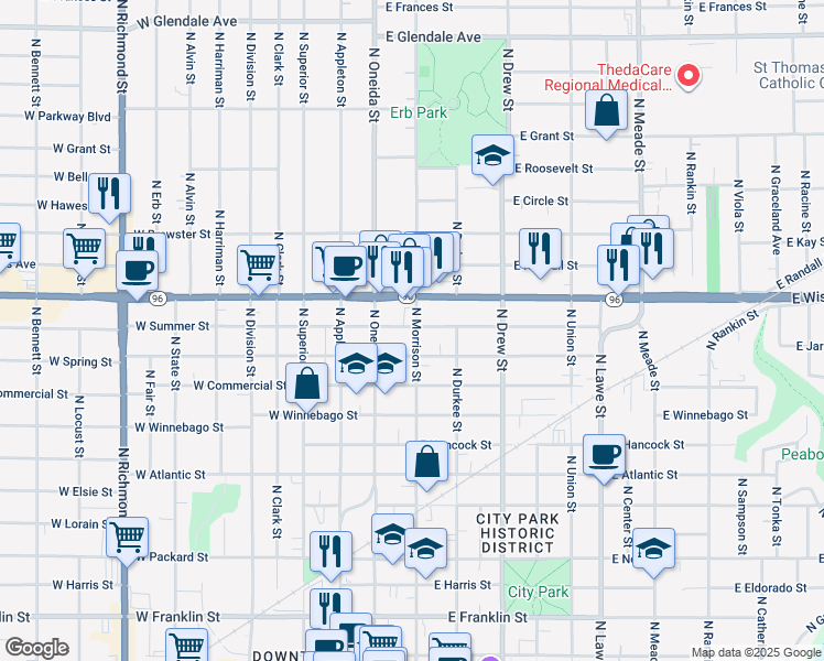 map of restaurants, bars, coffee shops, grocery stores, and more near 214 East Summer Street in Appleton