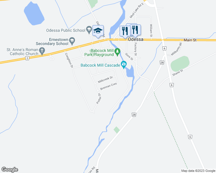 map of restaurants, bars, coffee shops, grocery stores, and more near Brennan Crescent in Lennox and Addington County