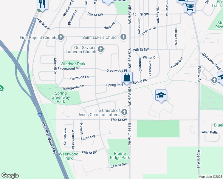 map of restaurants, bars, coffee shops, grocery stores, and more near 935 Spring Road in Faribault