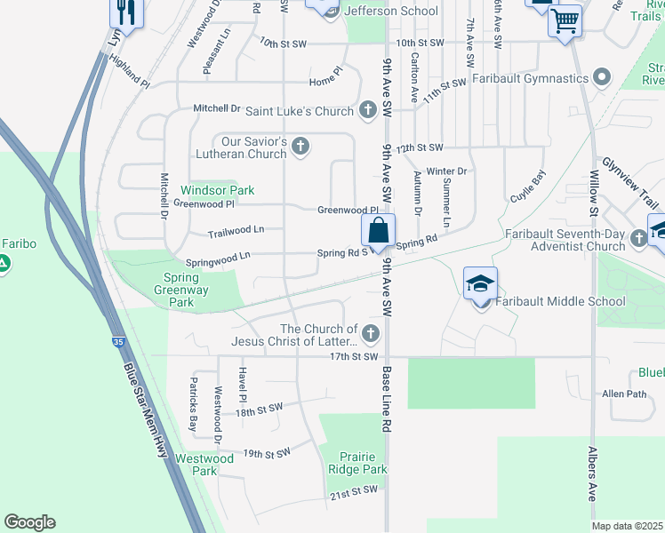 map of restaurants, bars, coffee shops, grocery stores, and more near 935 Spring Road in Faribault