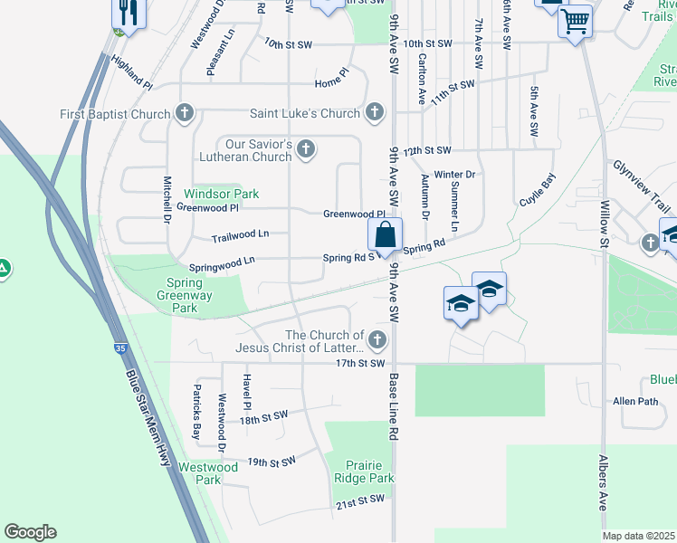 map of restaurants, bars, coffee shops, grocery stores, and more near 935 Spring Road in Faribault