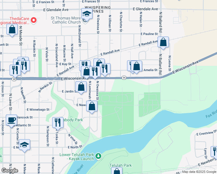 map of restaurants, bars, coffee shops, grocery stores, and more near 1206 North Plateau Street in Appleton