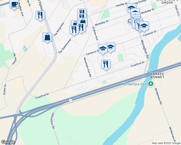 map of restaurants, bars, coffee shops, grocery stores, and more near 730 Mountain Ash Road in Peterborough