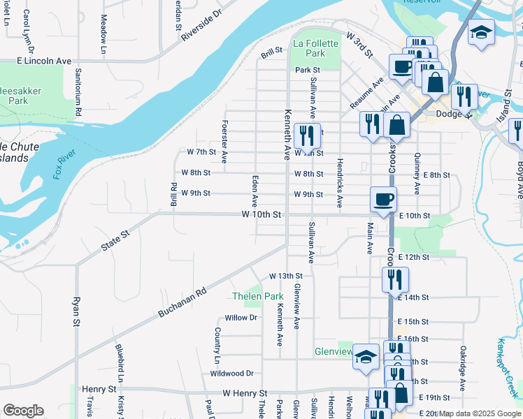 map of restaurants, bars, coffee shops, grocery stores, and more near 419 West 9th Street in Kaukauna