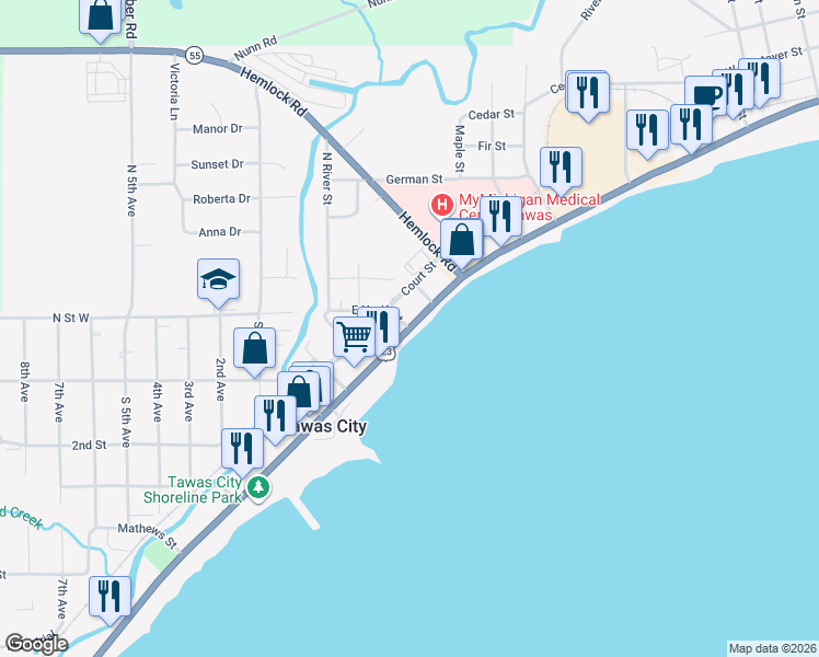 map of restaurants, bars, coffee shops, grocery stores, and more near 103 East Lake Street in Tawas City
