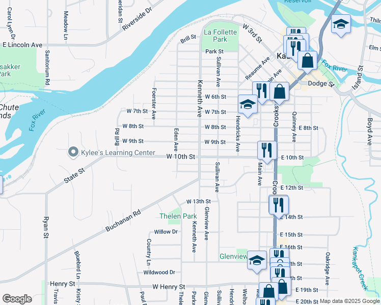 map of restaurants, bars, coffee shops, grocery stores, and more near 419 West 9th Street in Kaukauna