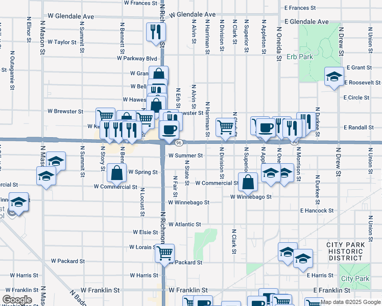 map of restaurants, bars, coffee shops, grocery stores, and more near 520 West Summer Street in Appleton