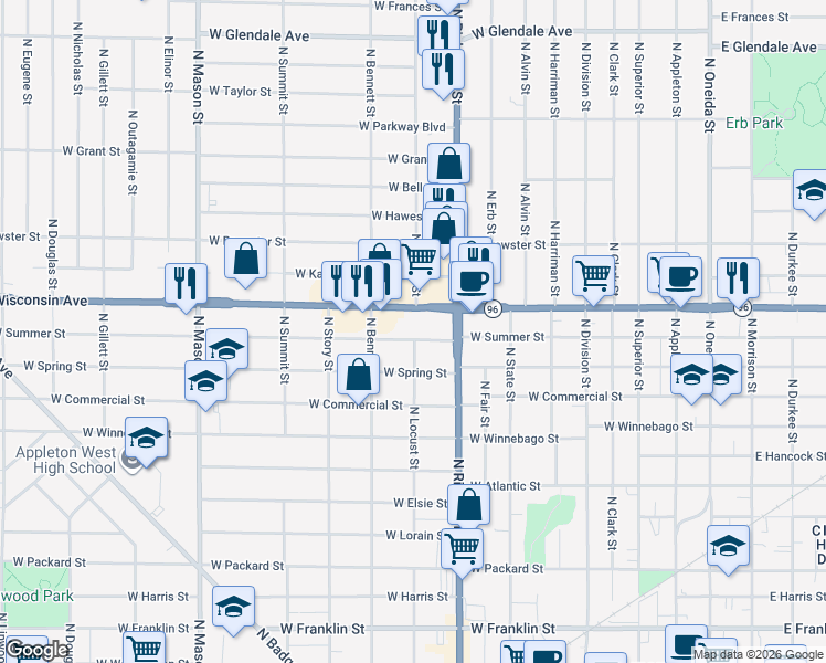 map of restaurants, bars, coffee shops, grocery stores, and more near 740 West Summer Street in Appleton