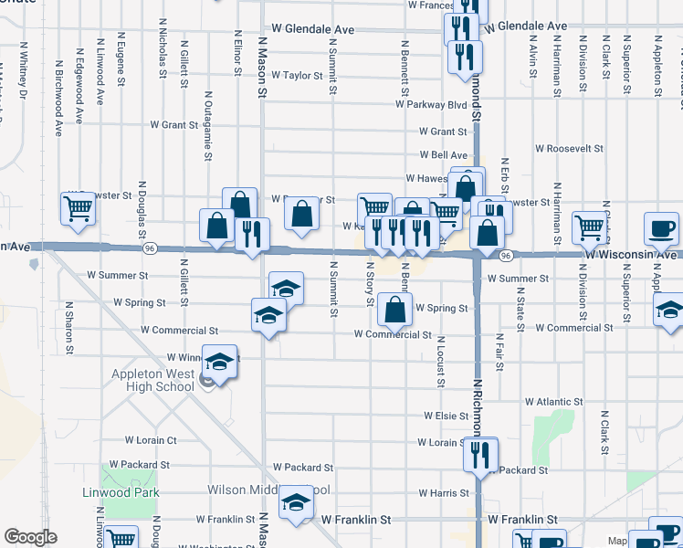 map of restaurants, bars, coffee shops, grocery stores, and more near 1032 West Summer Street in Appleton