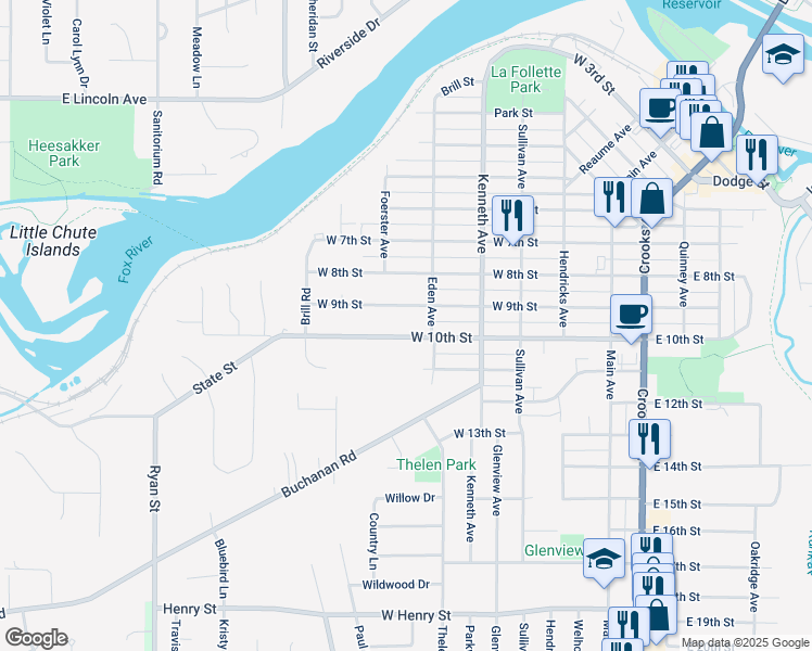 map of restaurants, bars, coffee shops, grocery stores, and more near 905 Eden Avenue in Kaukauna