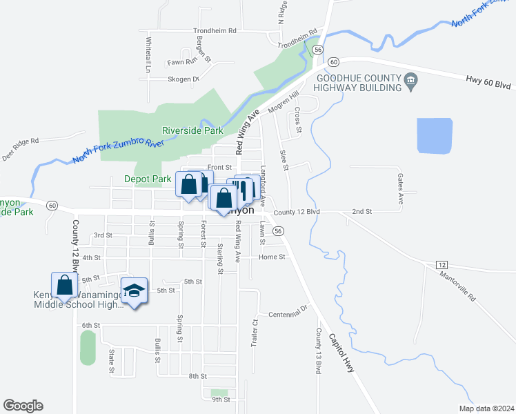 map of restaurants, bars, coffee shops, grocery stores, and more near 806 2nd Street in Kenyon