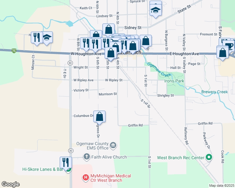 map of restaurants, bars, coffee shops, grocery stores, and more near 400 South 4th Street in West Branch