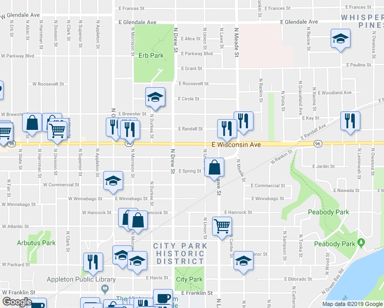 map of restaurants, bars, coffee shops, grocery stores, and more near 502 East Summer Street in Appleton