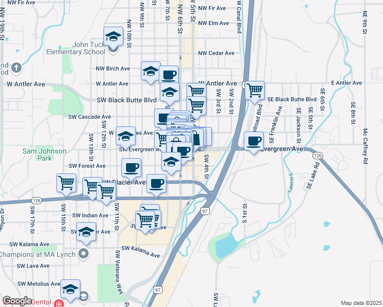 map of restaurants, bars, coffee shops, grocery stores, and more near 516 Southwest 5th Street in Redmond