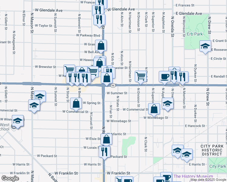 map of restaurants, bars, coffee shops, grocery stores, and more near 612 West Summer Street in Appleton