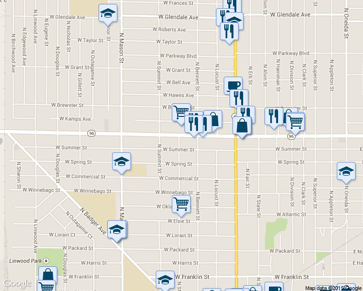 map of restaurants, bars, coffee shops, grocery stores, and more near 932 West Summer Street in Appleton