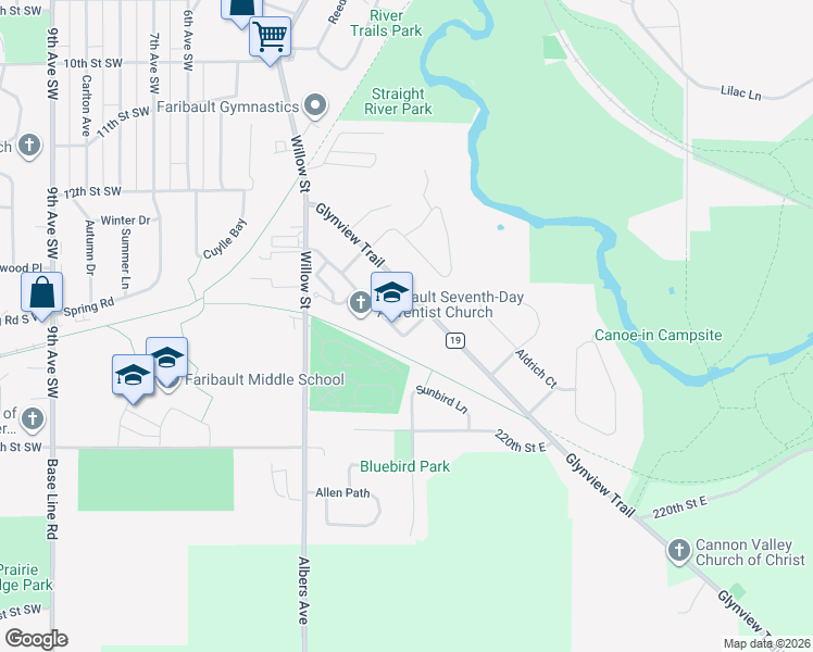map of restaurants, bars, coffee shops, grocery stores, and more near 1394 Glynview Trail in Faribault
