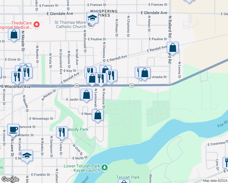 map of restaurants, bars, coffee shops, grocery stores, and more near 1206 North Plateau Street in Appleton