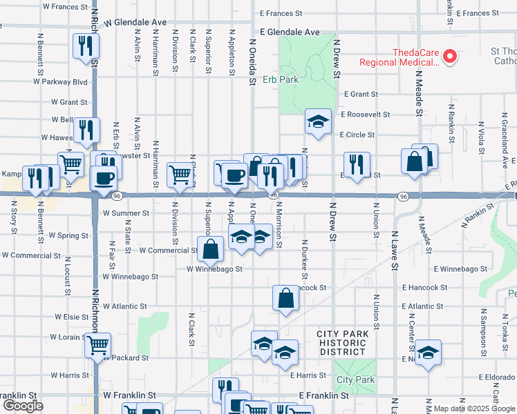 map of restaurants, bars, coffee shops, grocery stores, and more near 1208 1/2 North Oneida Street in Appleton