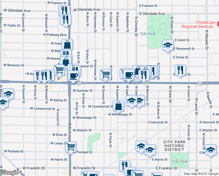 map of restaurants, bars, coffee shops, grocery stores, and more near 1209 North Clark Street in Appleton
