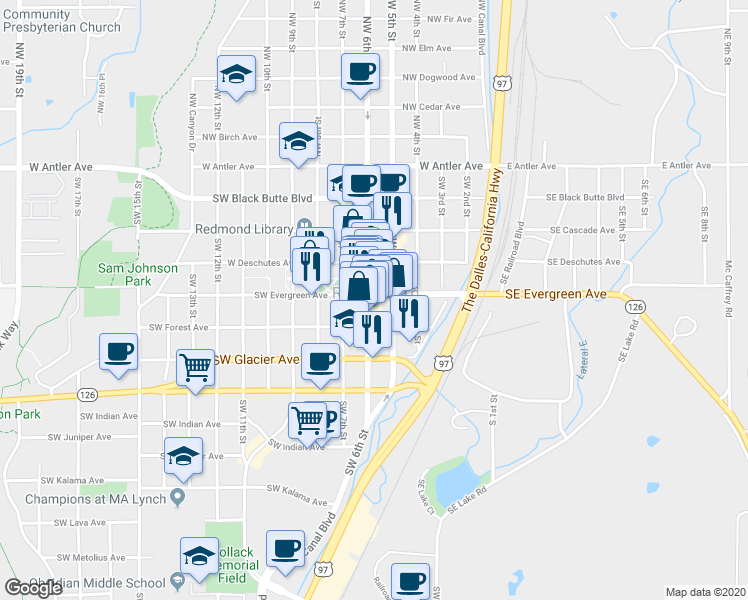 map of restaurants, bars, coffee shops, grocery stores, and more near 508 Southwest Evergreen Avenue in Redmond