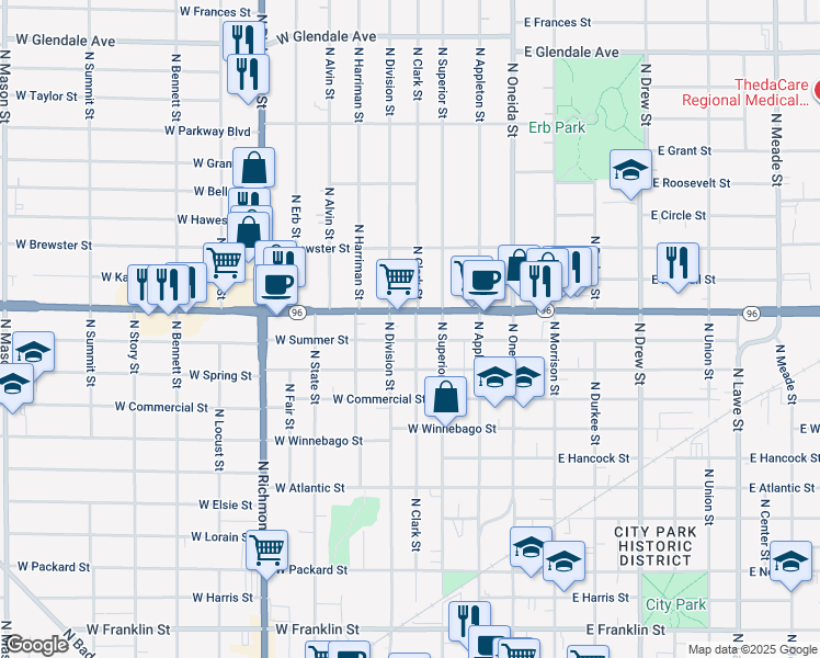 map of restaurants, bars, coffee shops, grocery stores, and more near 1209 North Clark Street in Appleton