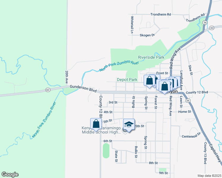 map of restaurants, bars, coffee shops, grocery stores, and more near 132 Gunderson Blvd in Kenyon