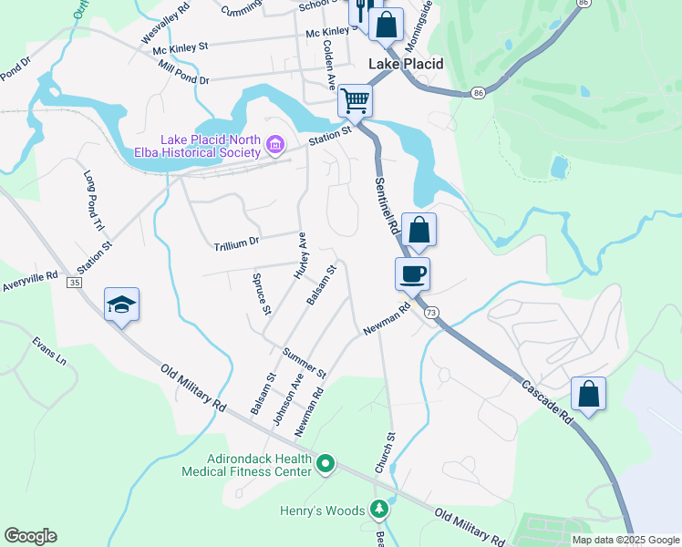 map of restaurants, bars, coffee shops, grocery stores, and more near 100 Balsam Street in Lake Placid