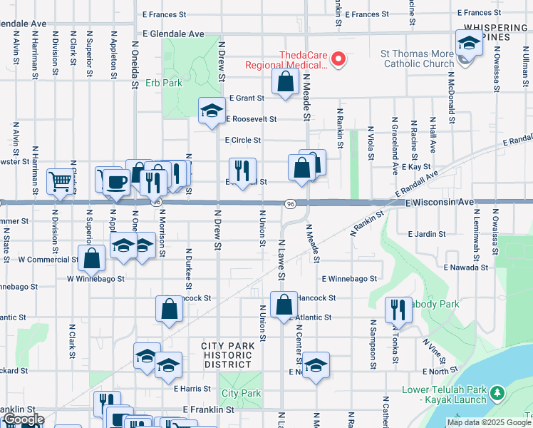 map of restaurants, bars, coffee shops, grocery stores, and more near 1208 North Union Street in Appleton
