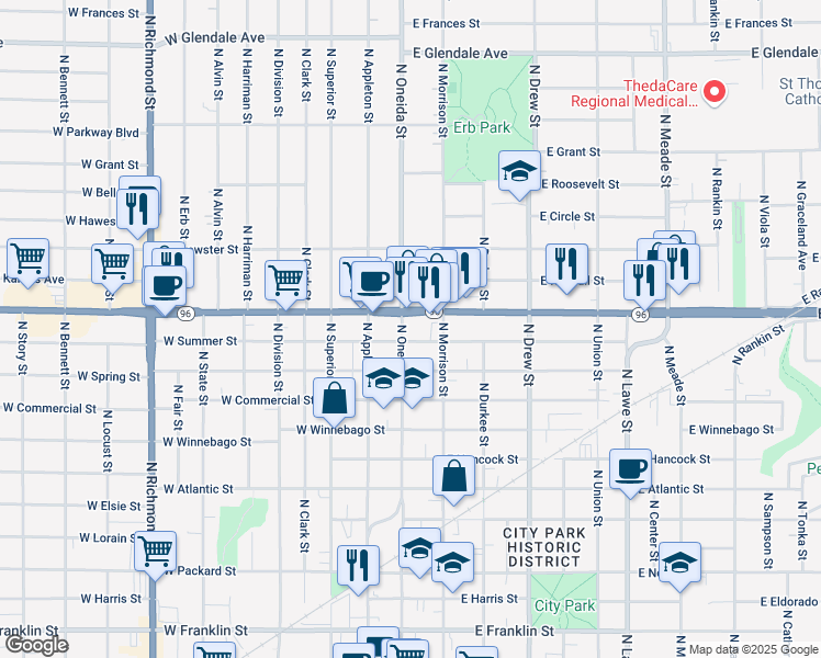map of restaurants, bars, coffee shops, grocery stores, and more near 1208 1/2 North Oneida Street in Appleton