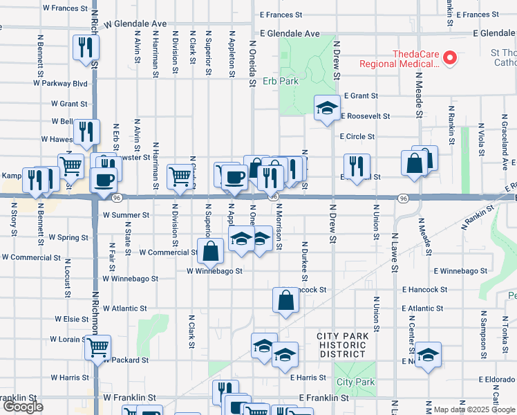 map of restaurants, bars, coffee shops, grocery stores, and more near 1208 1/2 North Oneida Street in Appleton