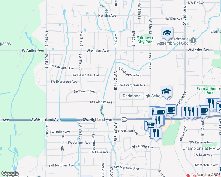 map of restaurants, bars, coffee shops, grocery stores, and more near 2721 Southwest Forest Court in Redmond