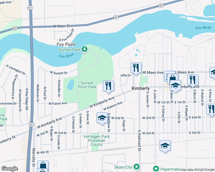 map of restaurants, bars, coffee shops, grocery stores, and more near 318 Parkside Ct in Kimberly