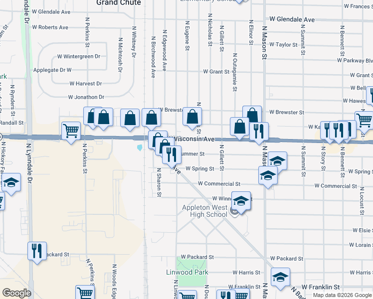 map of restaurants, bars, coffee shops, grocery stores, and more near 1708 West Summer Street in Appleton