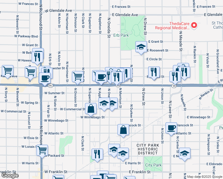 map of restaurants, bars, coffee shops, grocery stores, and more near 1208 1/2 North Oneida Street in Appleton