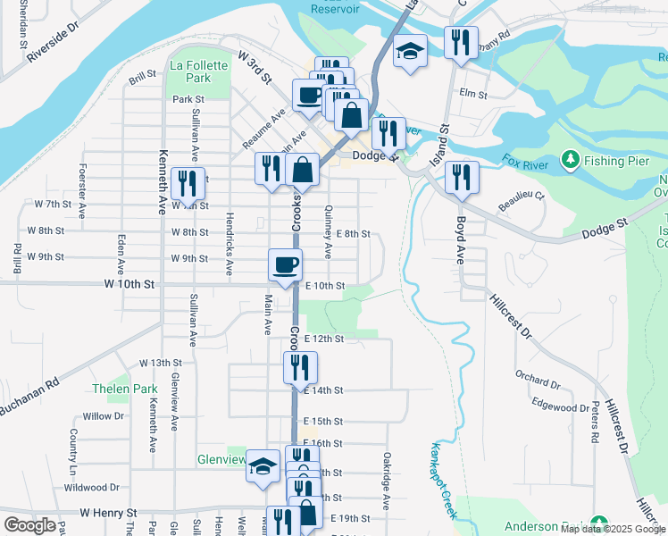 map of restaurants, bars, coffee shops, grocery stores, and more near 303 East 9th Street in Kaukauna