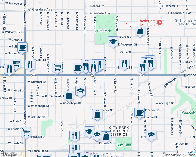 map of restaurants, bars, coffee shops, grocery stores, and more near 214 East Summer Street in Appleton