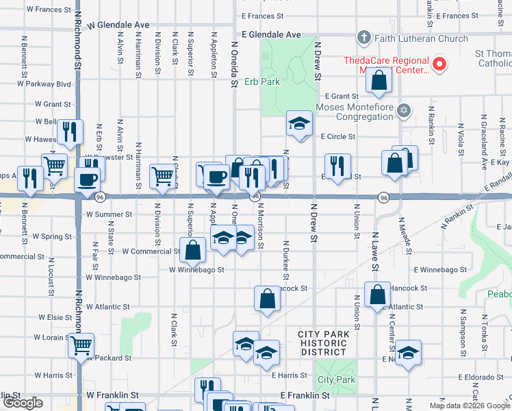 map of restaurants, bars, coffee shops, grocery stores, and more near 214 East Summer Street in Appleton