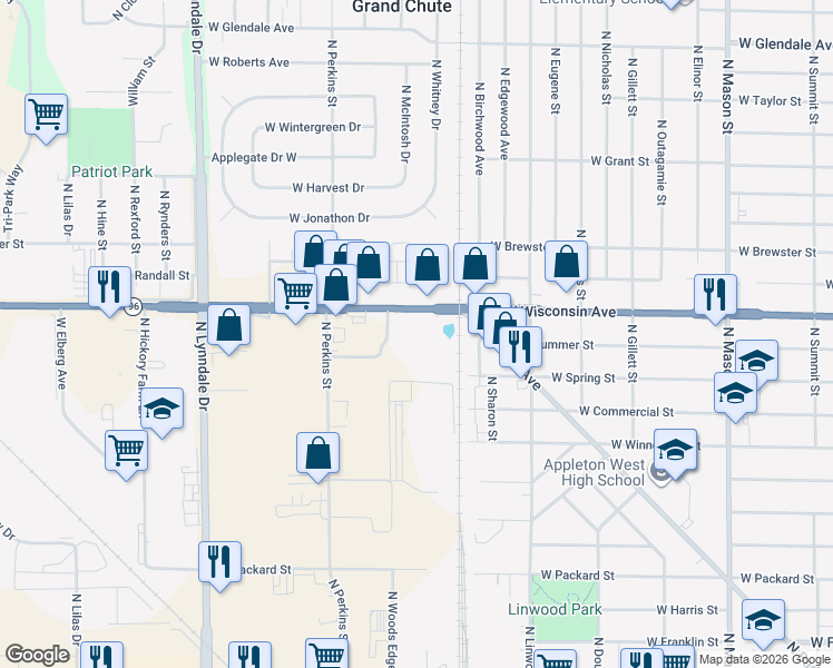 map of restaurants, bars, coffee shops, grocery stores, and more near 1911 West Wisconsin Avenue in Appleton