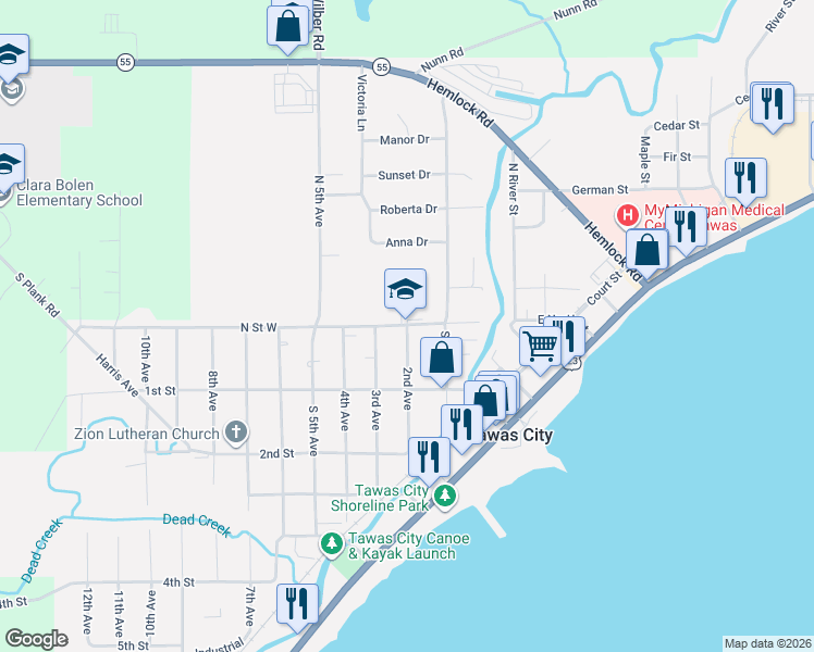 map of restaurants, bars, coffee shops, grocery stores, and more near 101 2nd Avenue in Tawas City
