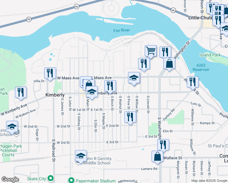 map of restaurants, bars, coffee shops, grocery stores, and more near 404 East Kimberly Avenue in Kimberly