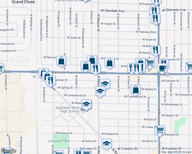 map of restaurants, bars, coffee shops, grocery stores, and more near 1207 North Mason Street in Appleton