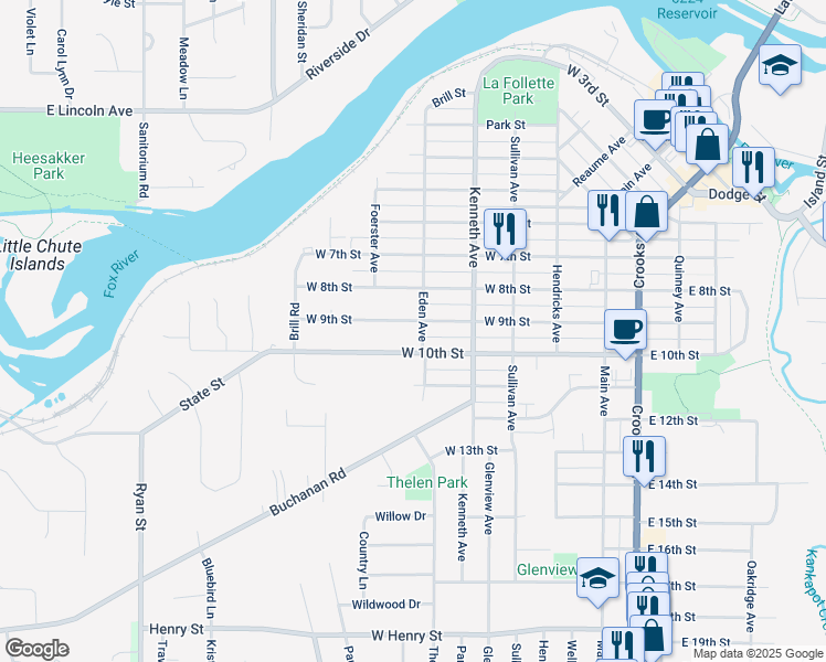 map of restaurants, bars, coffee shops, grocery stores, and more near 905 Eden Avenue in Kaukauna